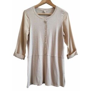 Belford Tunic Top Womens S Knit Beige Tan Silk Cotton Roll Tab Slv Button 2 Tone